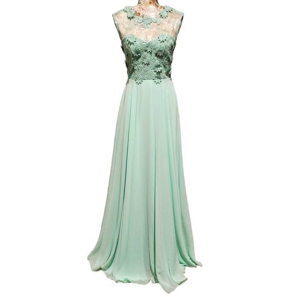 Formal Lt Green Rhinestones Floral Lace Sweetheart Bodice Long Gown Maxi Dress - Picture 15 of 15